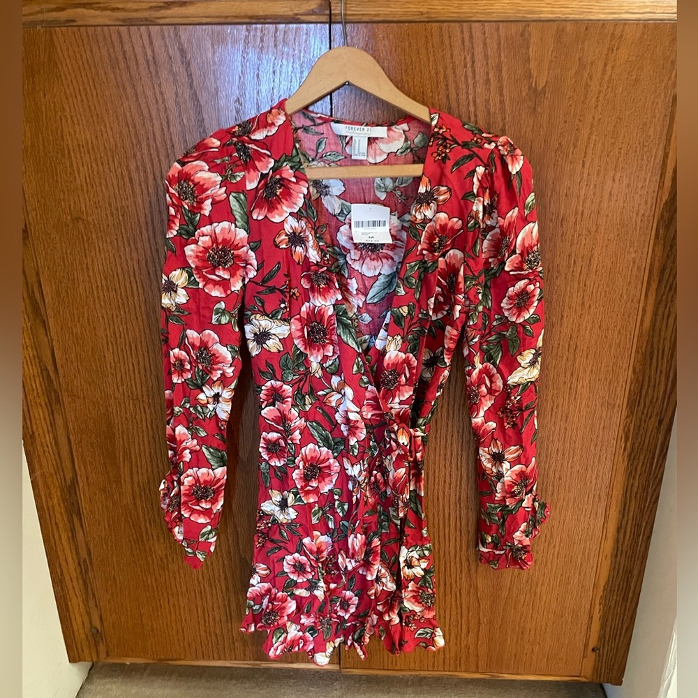 Forever 21 Red Floral Long Sleeve Tie Mini Dress
